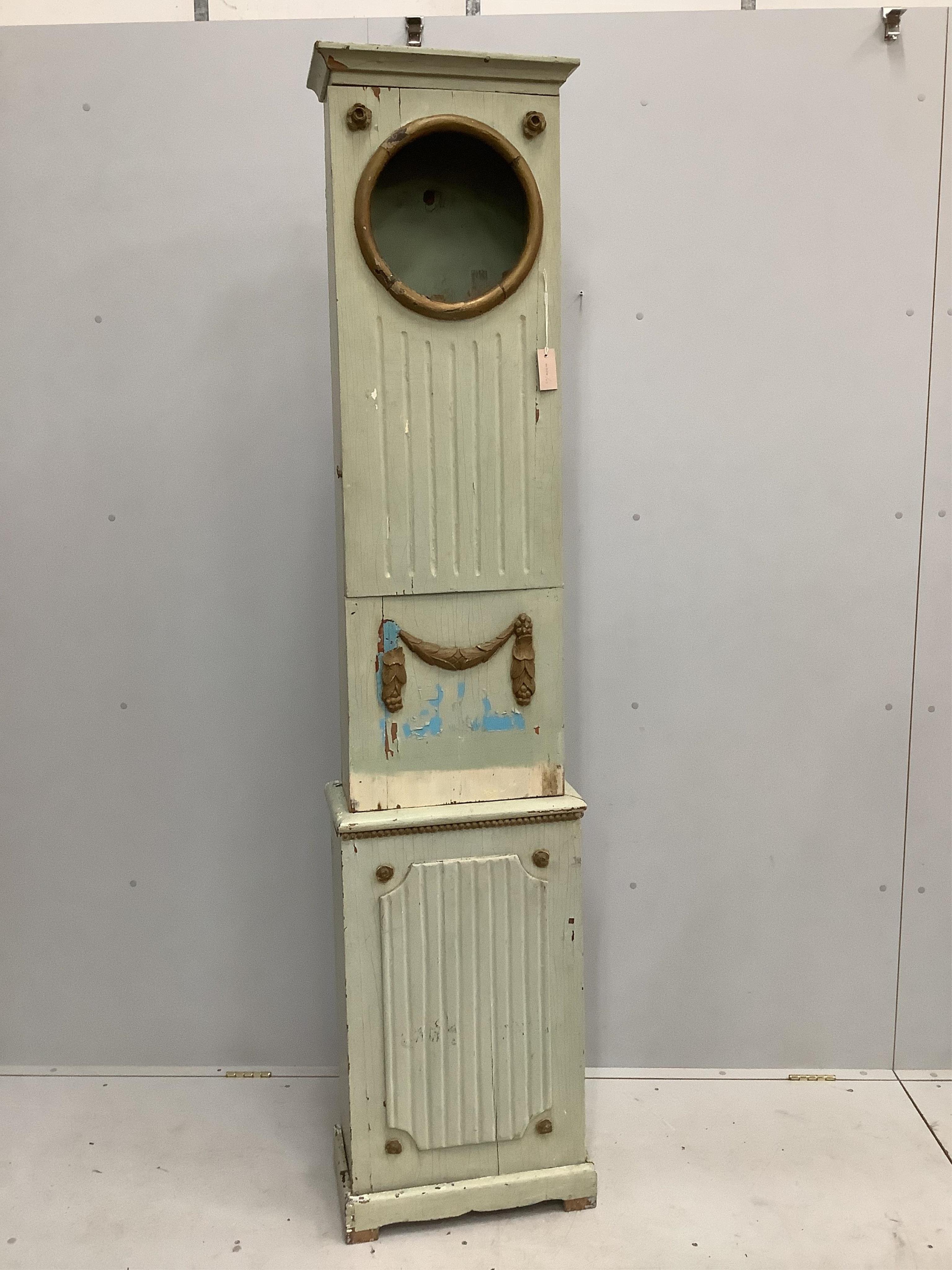 An 18th century Mora clock body, no mechanism, in need of restoration, 215cm high